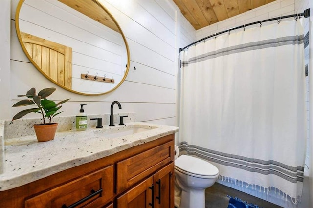 bathroom featuring vanity, wood ceiling, wooden walls, and toilet