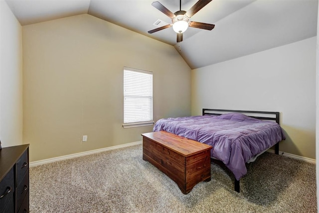 carpeted bedroom featuring ceiling fan and lofted ceiling