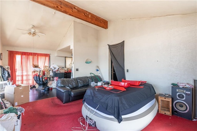 carpeted bedroom featuring lofted ceiling with beams