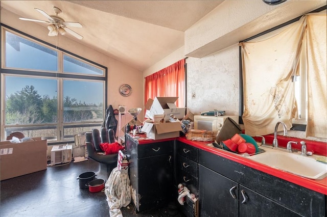 kitchen with ceiling fan, lofted ceiling, and sink