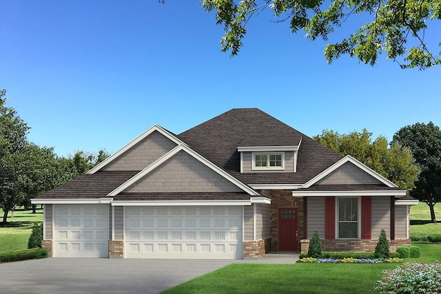craftsman-style house with driveway, a shingled roof, an attached garage, a front yard, and brick siding