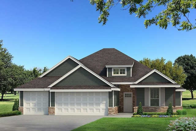 view of front of house featuring concrete driveway, brick siding, a garage, a shingled roof, and a front yard