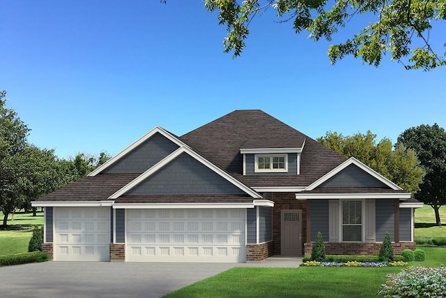 view of front facade featuring roof with shingles, a front lawn, concrete driveway, brick siding, and a garage