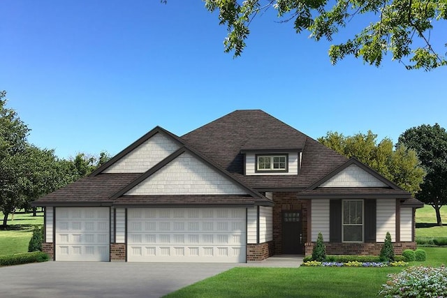 view of front of home with concrete driveway, a front lawn, brick siding, and a garage