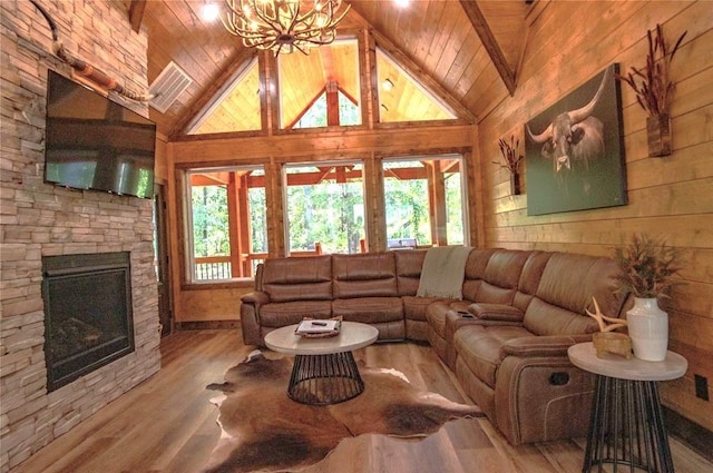 living room featuring a fireplace, wooden walls, wooden ceiling, and light wood-type flooring