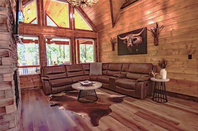 living room with hardwood / wood-style floors, high vaulted ceiling, wood walls, beamed ceiling, and wooden ceiling