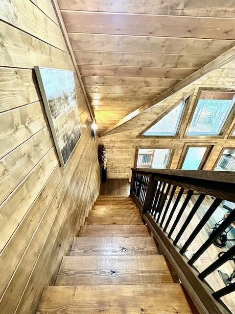 bonus room featuring lofted ceiling, hardwood / wood-style floors, wooden walls, and wooden ceiling