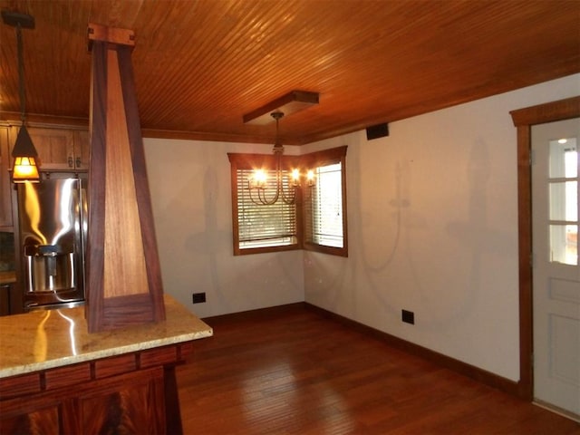 unfurnished dining area featuring an inviting chandelier, a healthy amount of sunlight, wood ceiling, and dark hardwood / wood-style flooring