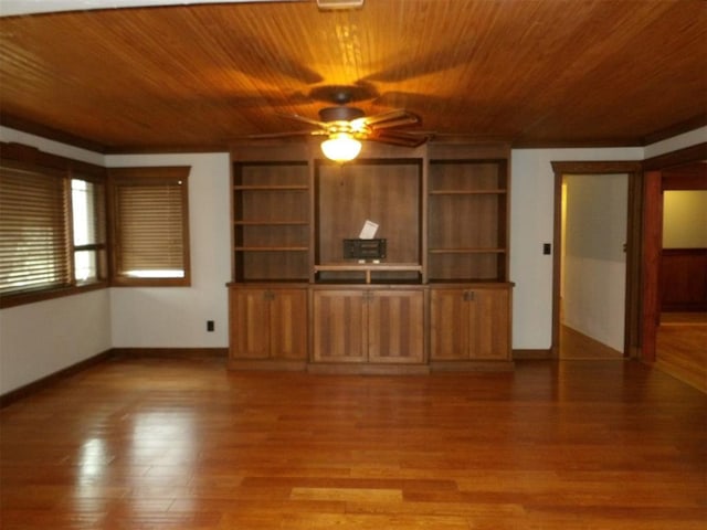 unfurnished living room featuring ceiling fan, wooden ceiling, and light wood-type flooring