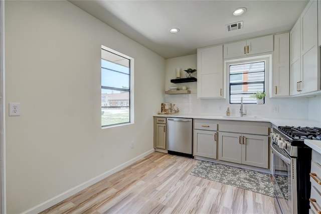 kitchen featuring sink, light hardwood / wood-style flooring, appliances with stainless steel finishes, white cabinetry, and tasteful backsplash