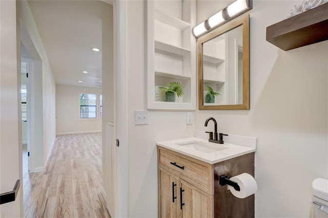 bathroom featuring hardwood / wood-style flooring and vanity