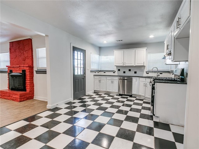 kitchen featuring sink, white cabinetry, appliances with stainless steel finishes, a fireplace, and decorative backsplash