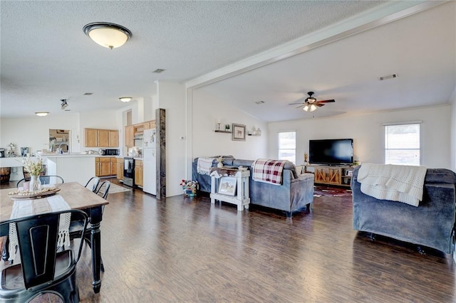 living room with dark hardwood / wood-style flooring, plenty of natural light, lofted ceiling with beams, and a textured ceiling