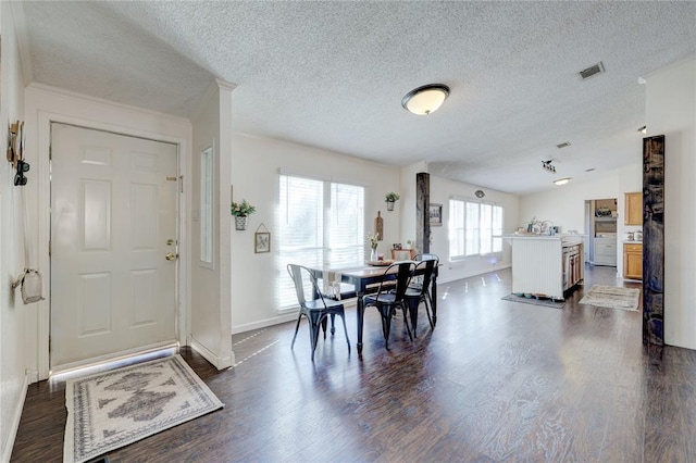 dining room featuring lofted ceiling, dark wood-type flooring, and a textured ceiling