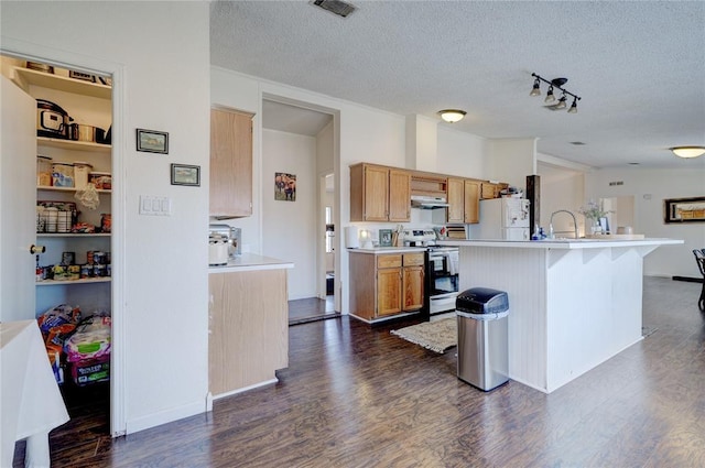 kitchen featuring dark wood-type flooring, stainless steel electric range oven, a kitchen bar, and white fridge