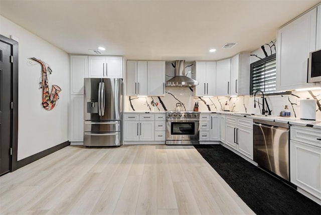 kitchen with wall chimney exhaust hood, sink, white cabinetry, stainless steel appliances, and backsplash