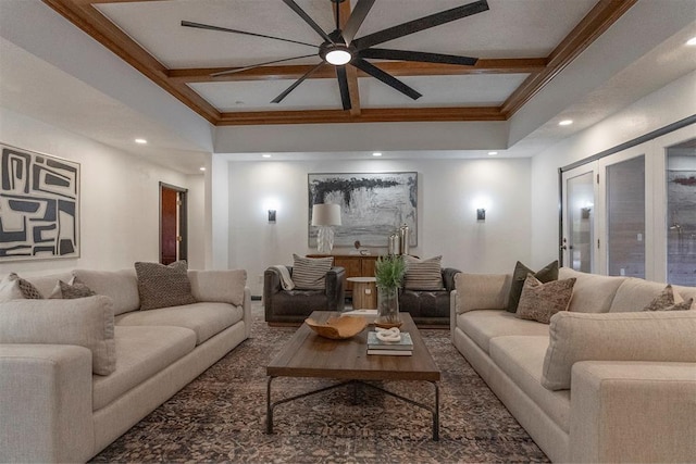 living room with beamed ceiling and coffered ceiling