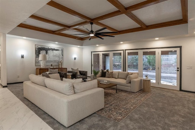 living room with beamed ceiling, ceiling fan, and coffered ceiling