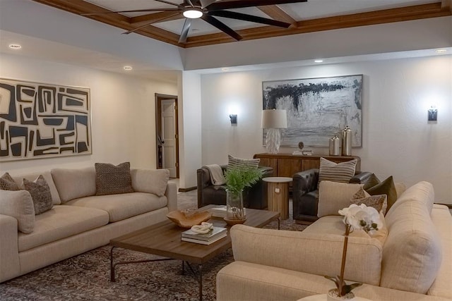 living room with coffered ceiling and beam ceiling