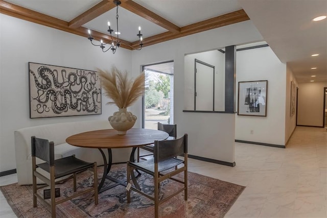 dining room featuring coffered ceiling and beam ceiling