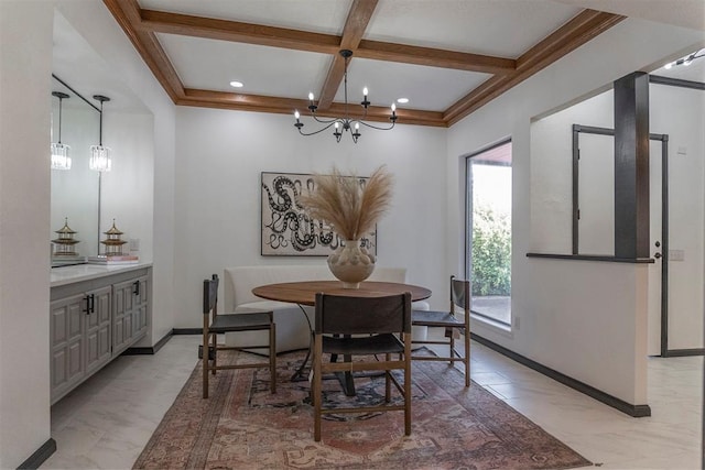 dining area with coffered ceiling, an inviting chandelier, and beam ceiling