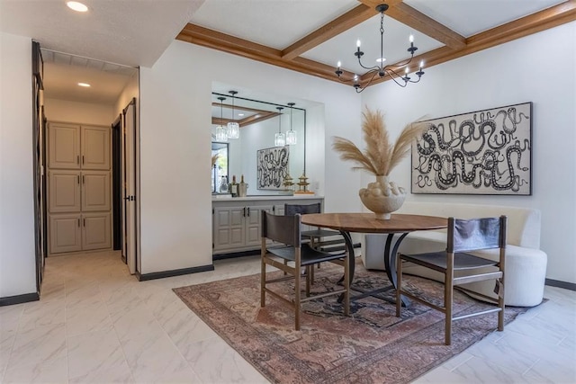 dining area with coffered ceiling and beamed ceiling