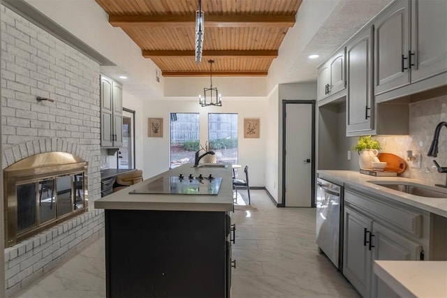 kitchen featuring sink, gray cabinetry, a kitchen island with sink, black electric stovetop, and wood ceiling