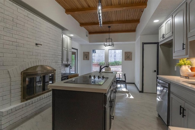 kitchen with decorative light fixtures, a center island with sink, wooden ceiling, black electric cooktop, and stainless steel dishwasher