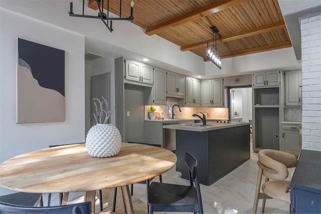 kitchen with wood ceiling, gray cabinetry, an island with sink, decorative backsplash, and beamed ceiling