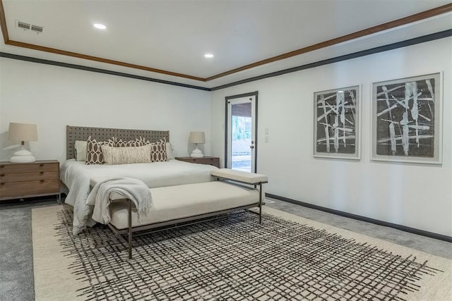 carpeted bedroom with crown molding