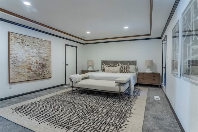 carpeted bedroom featuring crown molding