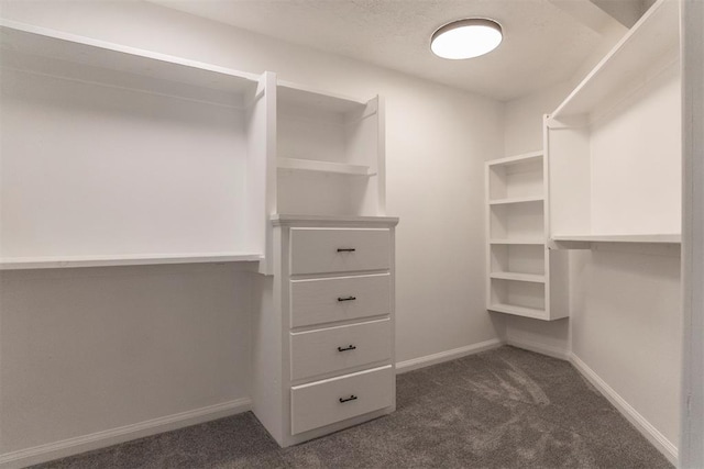 spacious closet featuring dark carpet