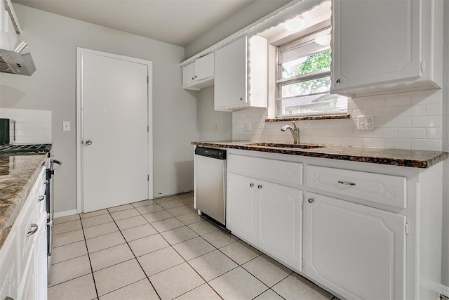 kitchen with a sink, stainless steel appliances, white cabinetry, decorative backsplash, and under cabinet range hood
