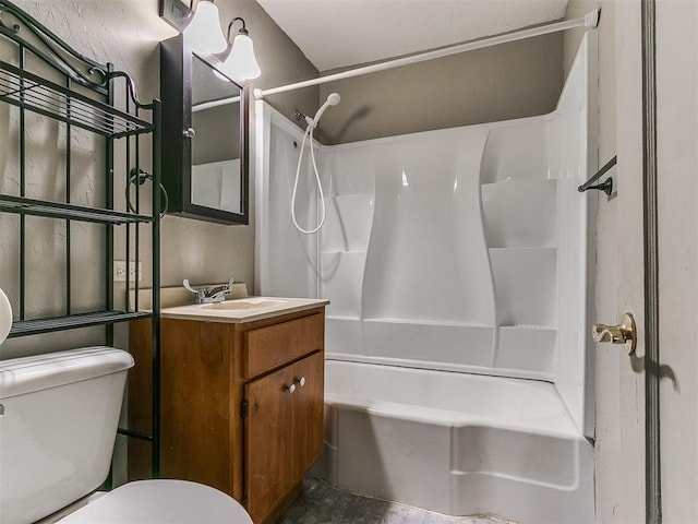 full bathroom with vanity, bathtub / shower combination, and toilet