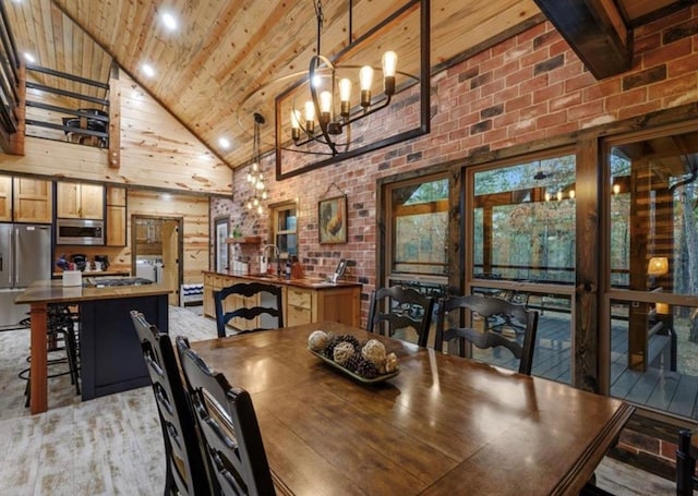 dining space with high vaulted ceiling, wooden ceiling, a chandelier, and brick wall