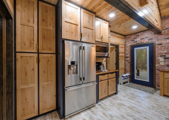 kitchen featuring wood ceiling, stainless steel appliances, light hardwood / wood-style flooring, and light brown cabinets