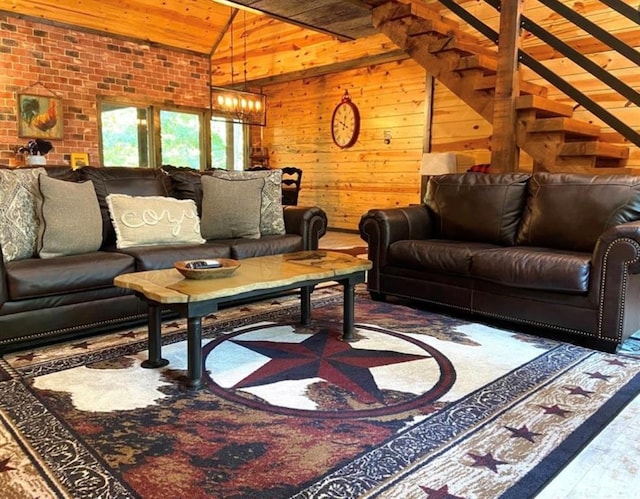 living room featuring wood ceiling, vaulted ceiling, and wood walls