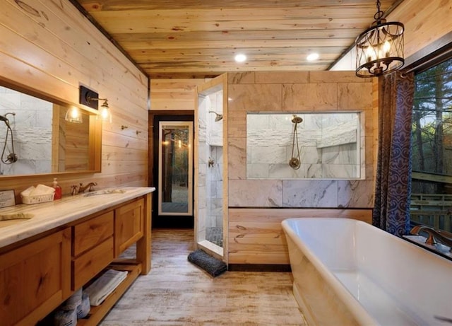 bathroom with vanity, hardwood / wood-style floors, wood ceiling, and separate shower and tub