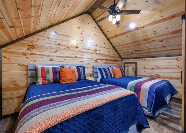 bedroom featuring wood ceiling, vaulted ceiling, ceiling fan, and wood walls