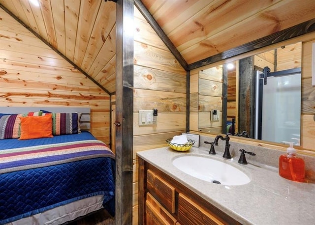 bathroom featuring wood ceiling, lofted ceiling, vanity, and wood walls