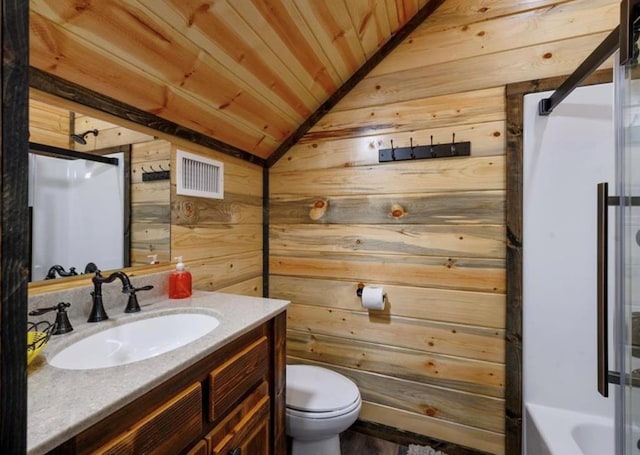 full bathroom with wood ceiling, wooden walls, vanity, vaulted ceiling, and independent shower and bath