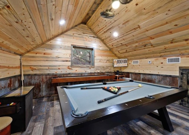 playroom featuring lofted ceiling, dark wood-type flooring, wooden walls, pool table, and wooden ceiling