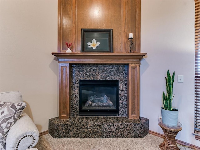 details featuring a high end fireplace and carpet flooring