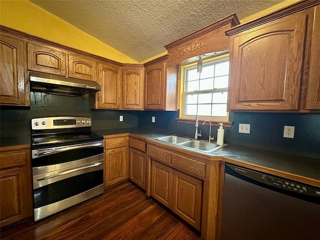 kitchen featuring lofted ceiling, under cabinet range hood, dark wood-style flooring, a sink, and appliances with stainless steel finishes