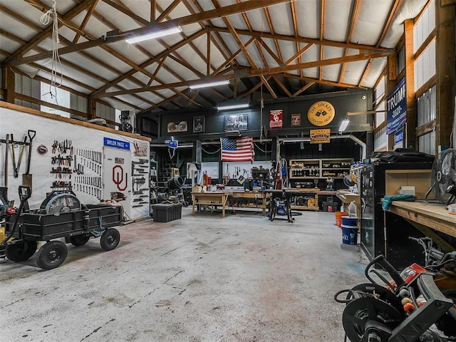 garage with a workshop area