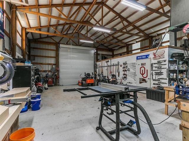 garage with a workshop area