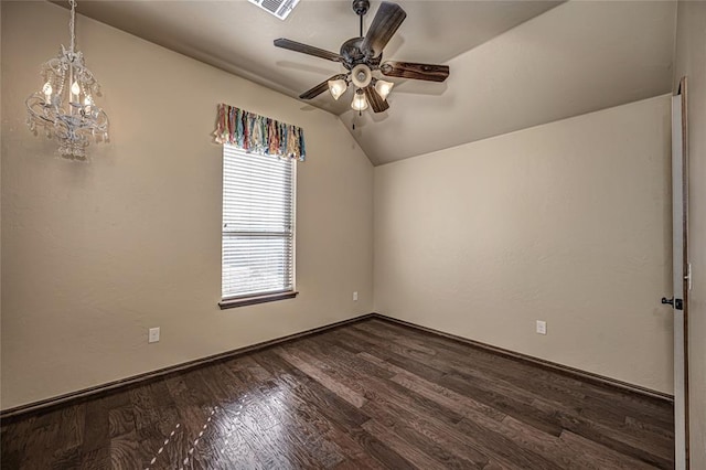 additional living space featuring lofted ceiling, ceiling fan with notable chandelier, and dark hardwood / wood-style floors