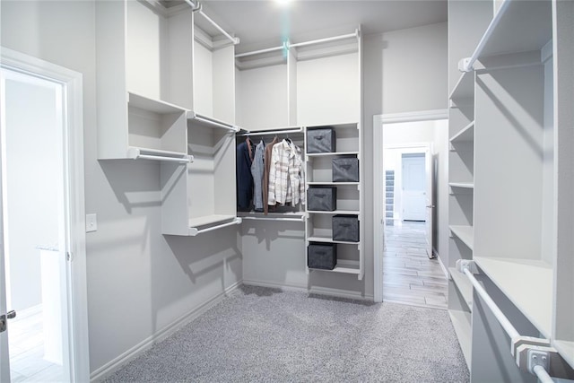 walk in closet with light colored carpet