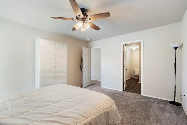 carpeted bedroom with connected bathroom and ceiling fan