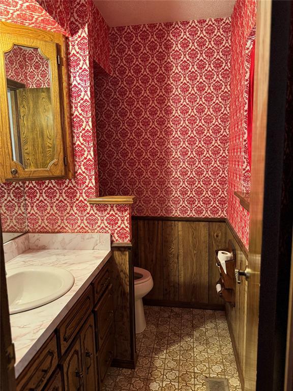 bathroom featuring vanity, wooden walls, and toilet